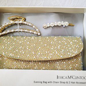 New Jessica McClintock Evening Bag with Chain Strap & Hair Accessories